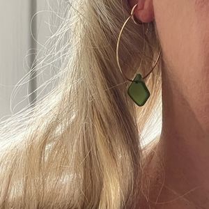 NEW 14k gold filled green seaglass hoop earrings